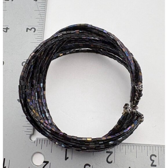 Black Iridescent Beaded Coil Bracelet Multi Strand Braided Woven Design - Picture 4 of 6